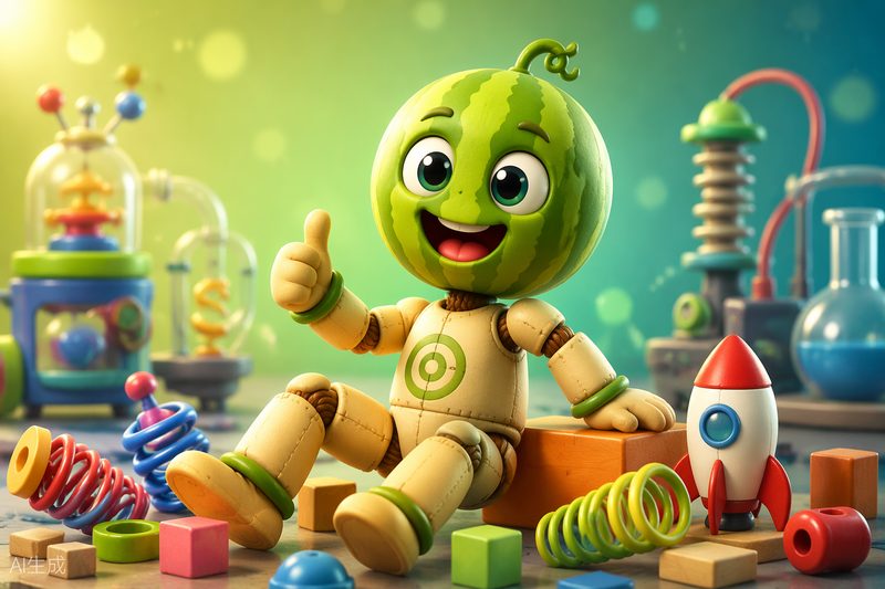 Melon Lab cover art: a grinning melon character and a test dummy riding a spring-powered contraption made of blocks