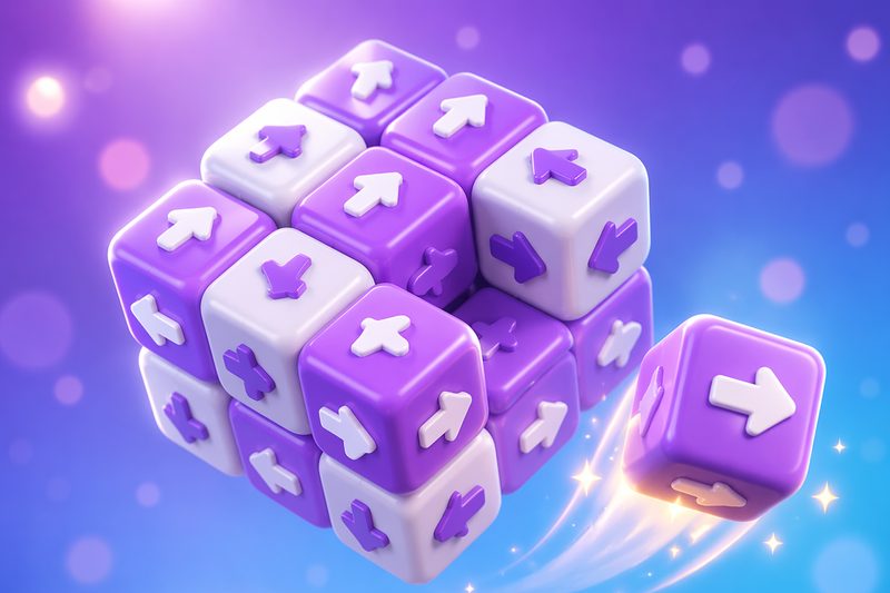 Arrow Escape cover art: a floating 3D tower of colorful blocks, each painted with a bold arrow, mid-escape