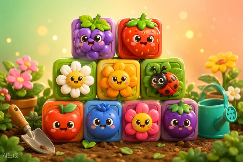 Tile Garden cover art: chunky toy tiles with flowers and ladybugs stacked over a blooming garden diorama