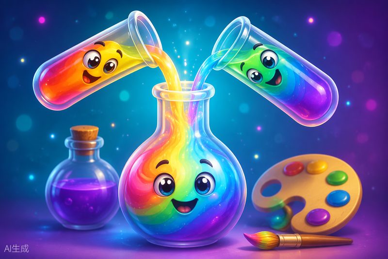 Color Pour Studio cover art: glowing glass tubes of rainbow liquid being poured on an artist’s workbench