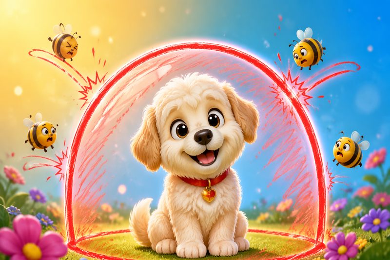 Puppy Shield cover art: a smiling puppy safe under a hand-drawn ink dome while comic bugs bounce off it