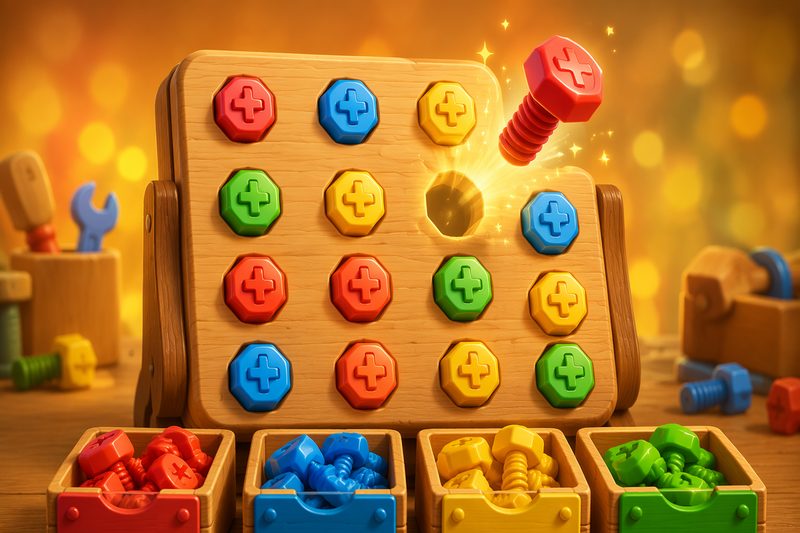 Bolt Boxes cover art: oversized candy-colored bolts and wooden boards beside a row of color-coded boxes