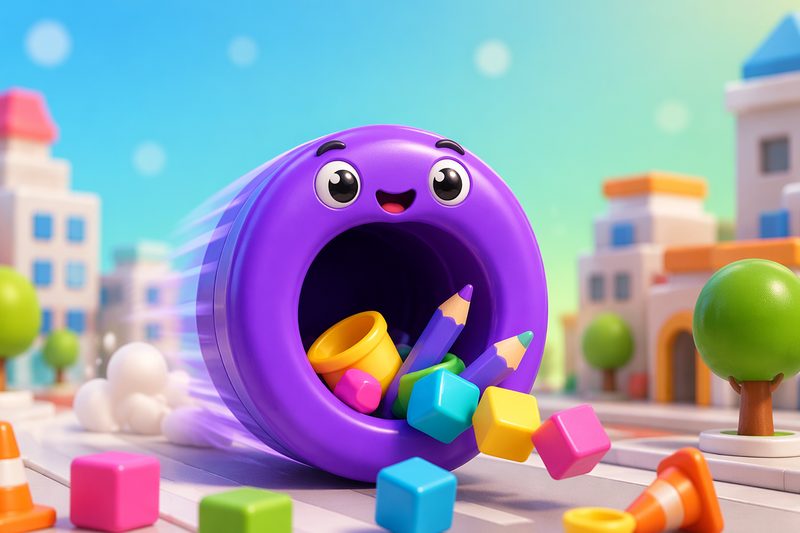 Pocket Hole cover art: a smiling round hole sliding through a colorful toy city collecting crayons and cupcakes