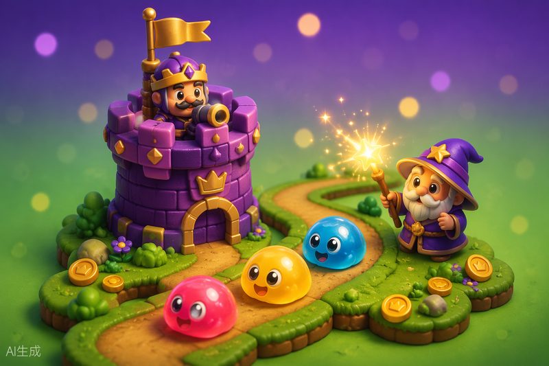 Castle Lane Defense cover art: toy defenders guarding a cardboard castle from smiling slimes on a winding lane