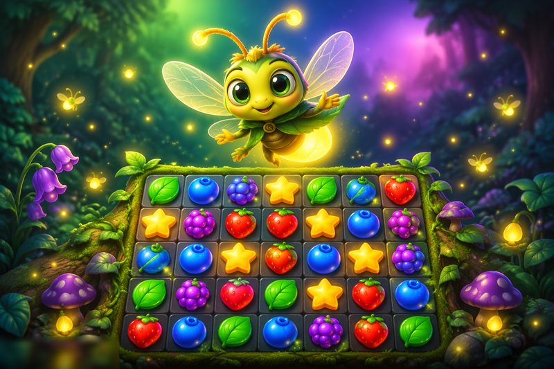 Forest Match Quest cover art: an enchanted forest match-3 board with berries, leaves, and a rainbow acorn