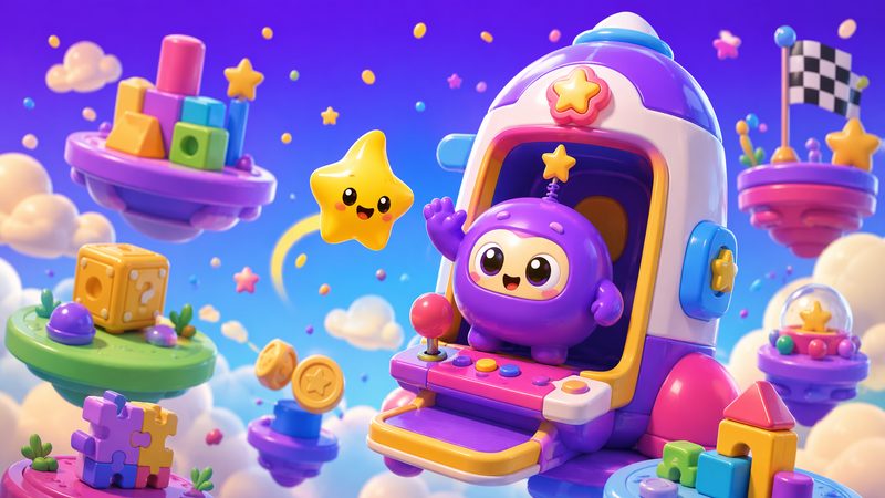 Bloop and Pip waving from the Playkudo rocket arcade