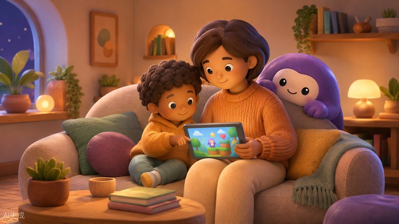 A parent and child sitting on a sofa together, looking at a tablet showing Playkudo